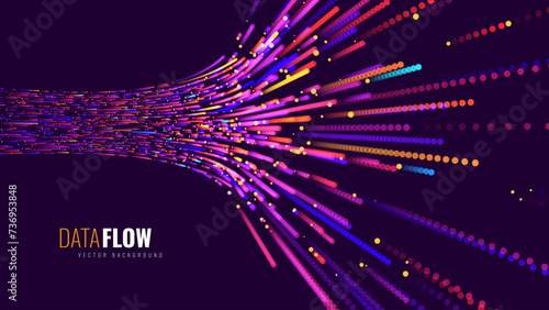 Digital Data Flow Vector Background. Big Data Technology Lines. 5G Wireless Data Transmission. High Speed Light Trails. Information Flow in Virtual Reality Cyberspace. Vector Illustration.