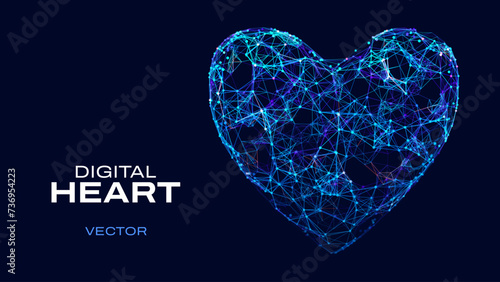 Happy Valentines Day. 3D Particles and Lines Mesh Heart. Love Romantic Health Concept. Digital Heart Illustration. Cardiology Healthcare Technology Heart Symbol. Vector Background.