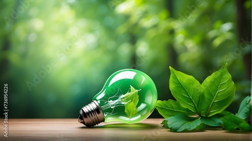 Green Energy Bulb with Leaf Emblem Amidst Lush Forest, Light Bulb with Leaf Symbolizes Green Energy Conservation, Green Energy Bulb Shining in Lush Forest Setting, Eco-Friendly Light Bulb Against Rich