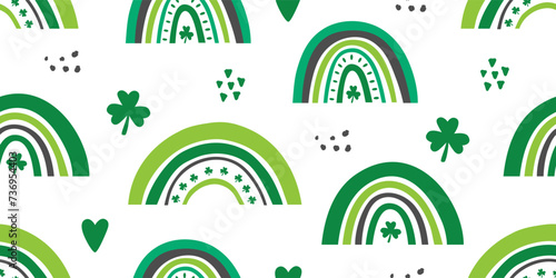 St. Patrick's Day seamless pattern. Hand drawn rainbows with shamrock symbols. Cute rainbow bridges for Patricks Day. Vector illustration.