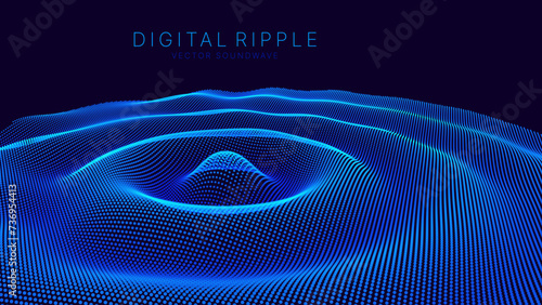 Colorful Blue Sound Wave Ripple Digital Equalizer Design. Big Data Audio Visualization. Digital Water Drop Waves Concept. Vector Illustration. Audio Track Particles Ripple Wave Effect.