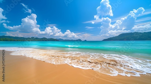 beach, green sea, cloudy sky and island.