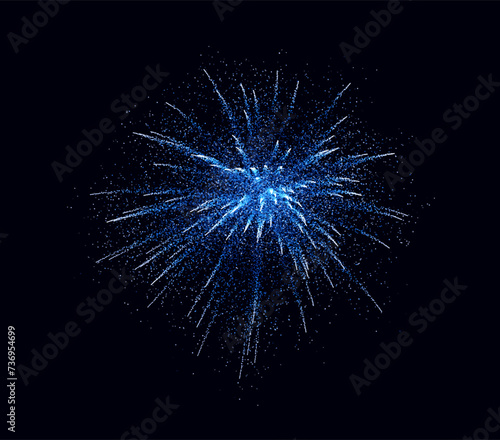 Blue Vector Firework. New Year Christmas Celebration Background. Firework Particles Light Effect isolated on Transparent Dark Background. Vector Illustration.