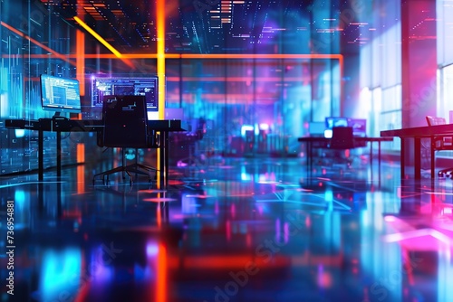 Modern neon cyberpunk open space office interior blurred with information technology overlay. Corporate strategy for finance, operations, marketing