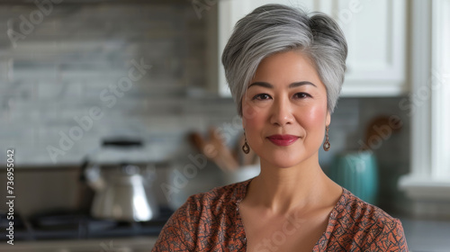 Asian middle aged woman smiling at the kitchen. Portrait of a stylish beautiful Asian woman in her 50s. Skin care concept. Luxurious middle-aged woman with a short gray hair looking at camera.