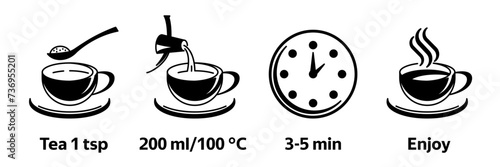 Black tea brew instruction icons. Making tea, step by step how to make perfect cup of tea. Stock Vector