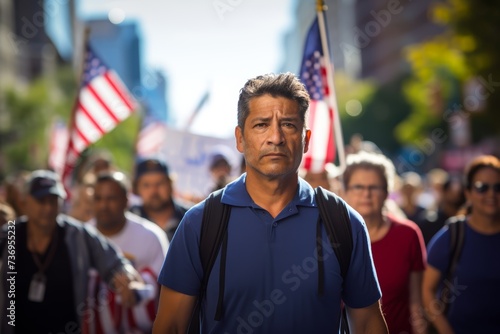  Photograph a middle-aged Hispanic man, aged 40, marching alongside others in a demonstration advocating for immigrant rights © Hanna Haradzetska