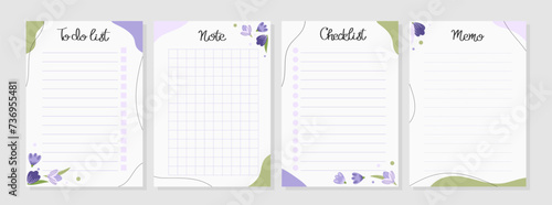 Spring template of to do list, memo, checklist. Note sheets with flowers. Vector illustration for agenda, planners, checklists, notebooks, cards and other stationery. Layout in A5.