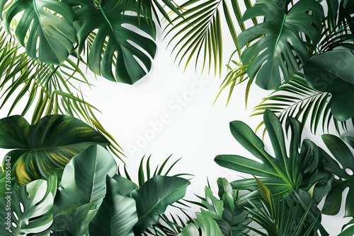 Tropical leaves frame with space for text, lush green foliage on white background, exotic botanical design.