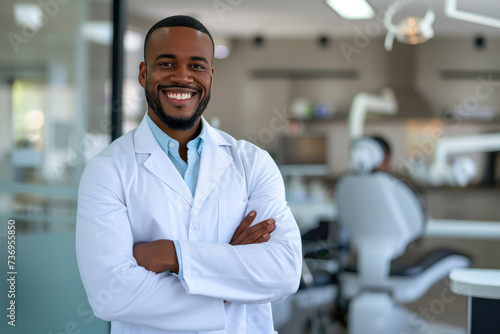 Handsome African American male dentist smiling, standing with folded hands inside blurry modern clinic. Dental care concept
