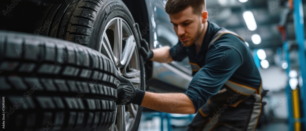 Professional mechanic changing car tire in automotive repair workshop Professional mechanic changing car tire in automotive repair workshop