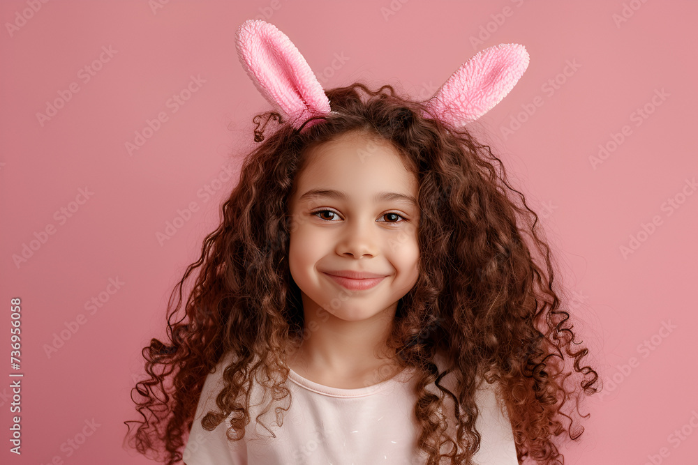 Fototapeta premium Cute child wearing bunny ears on Easter day on pink background
