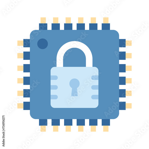 Padlock with microprocessor showing flat icon of secure processor