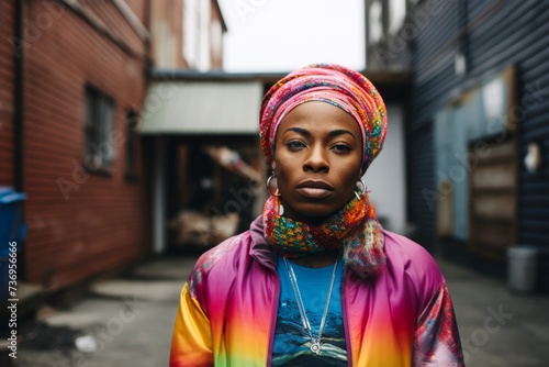  A non-binary person of African American heritage, dressed in a colorful gender-neutral outfit with a beanie hat, their face adorned with subtle makeup, standing in an urban alle