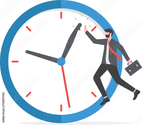 Success time management, finish work and appointment in time or work efficiently with high productivity concept, smart businessman celebrate his work by hi five with minute hand on the timer clock.

