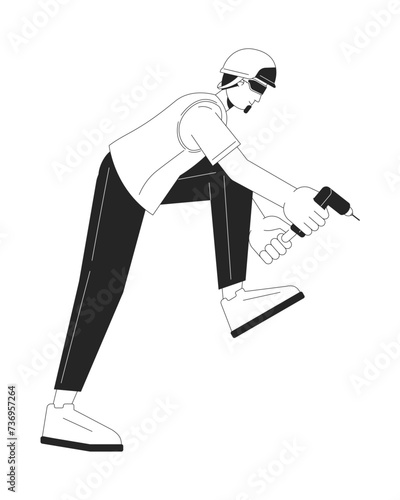 Engineer holding cordless screwdriver black and white 2D line cartoon character. Caucasian adult man electrician isolated vector outline person. Drilling hole monochromatic flat spot illustration