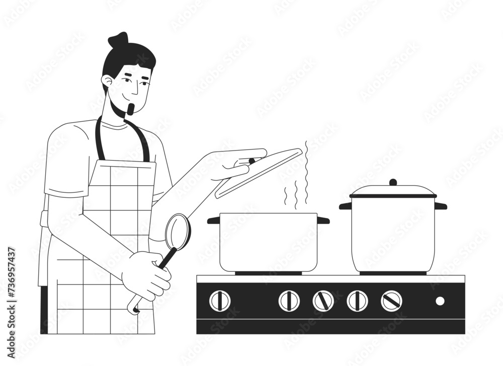 Caucasian guy covering pot with lid black and white 2D line cartoon character. Meal preparing. European man isolated vector outline person. Stove cooking utensil monochromatic flat spot illustration