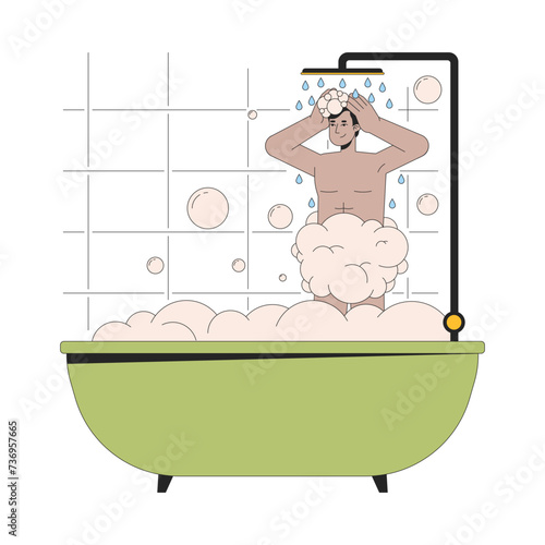 Indian man showering in bathtub 2D linear cartoon character. South asian young adult male isolated line vector person white background. Washing hair with shampoo color flat spot illustration