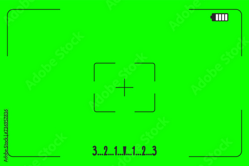 Green screen chroma key background, viewfinder camera frame, video film screen template, overlay. Cinema display with grid.