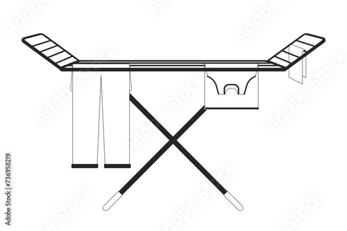 Air dry clothes rack black and white 2D line cartoon object. Laundry hanging on rack isolated vector outline item. Housekeeping chores housework. Air drying cloth monochromatic flat spot illustration