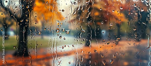 A beautiful park view seen through a window covered in rain drops, creating a liquid artwork on the glass surface