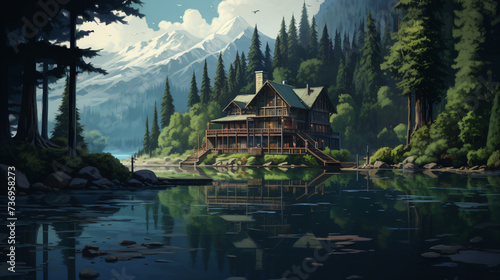 A house in the middle of a forest with a lake.