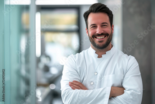 Handsome male dentist smiling, standing with folded hands inside blurry modern clinic. Dental care concept