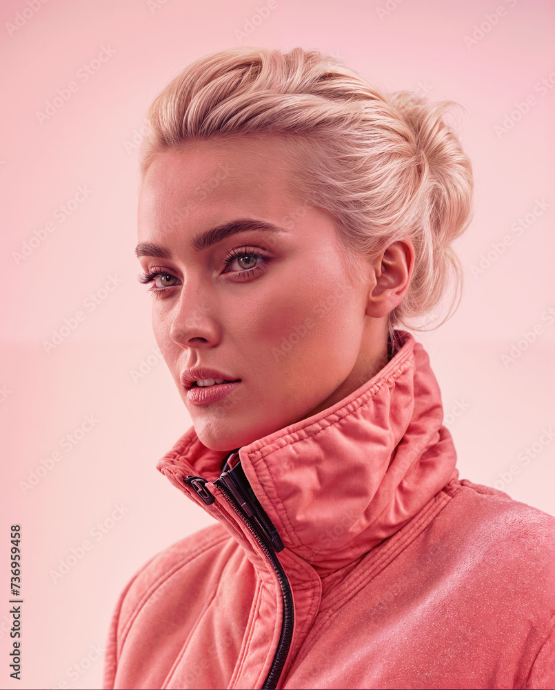 Beautiful woman in pink winter clothes, ready for skiing or outdoors. Beautiful woman in pink winter clothes, ready for skiing or outdoors.