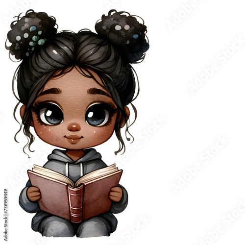 Delicate watercolor captures a serene scene of a young black girl engrossed in a book, lost in the magic of literature.
