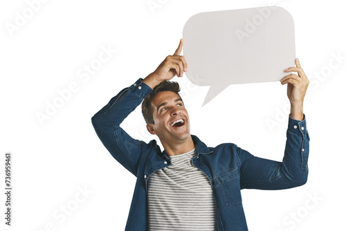 Voice, opinion and man with blank speech bubble message isolated on transparent png background. News, social media comment and guy showing vote notification on paper, sign or billboard with mockup. photo