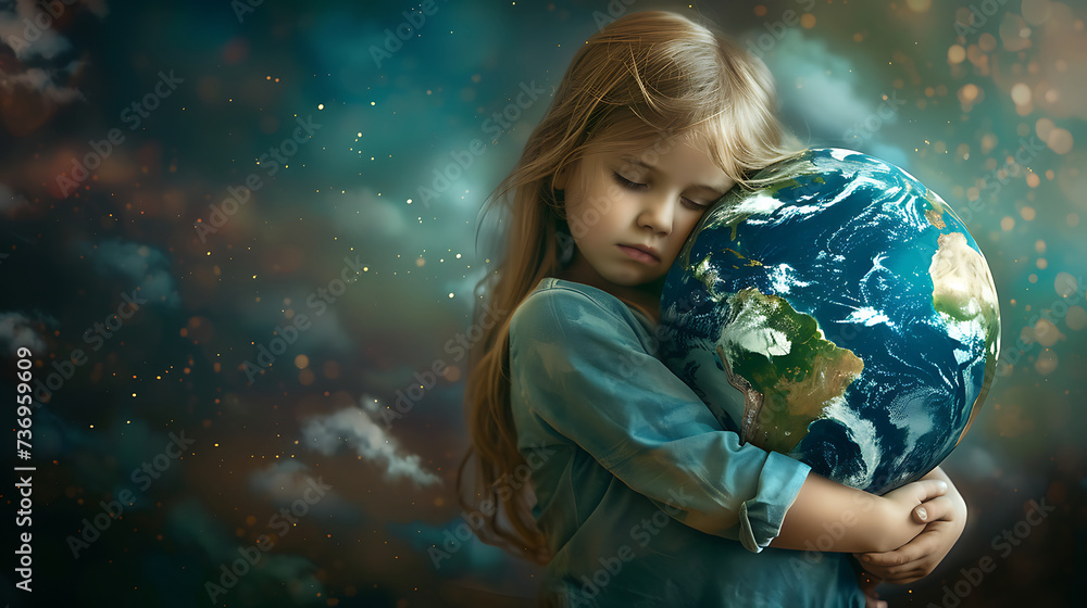 Naklejka premium Girl hugging the world, Earth day concept save the planet. Generative AI illustration 