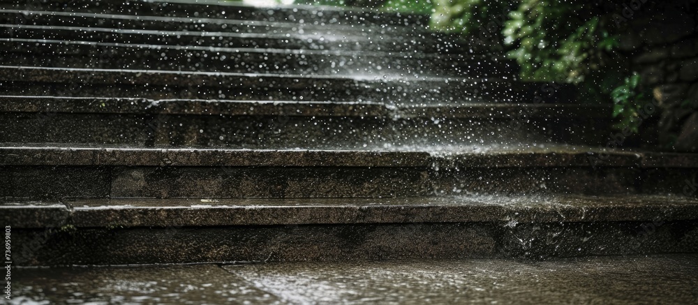 A closeup image featuring a set of wooden stairs in the rain with a backdrop of grass, trees, and composite material landscape A closeup image featuring a set of wooden stairs in the rain with a backdrop of grass, trees, and composite material landscape