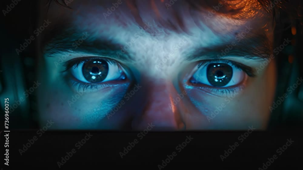 A person with a gaming addiction eyes glued to the screen with a sense of escape, Close Up of Person Wearing Headphones A person with a gaming addiction eyes glued to the screen with a sense of escape, Close Up of Person Wearing Headphones