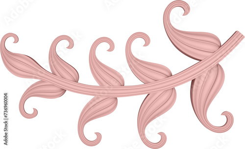 3D illustration of filigree floral ornament with leaves on transparent background