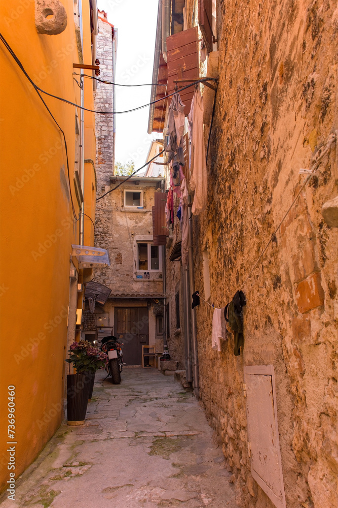 A quiet back street in the historic centre of the medieval coastal town of Rovinj in Istria, Croatia