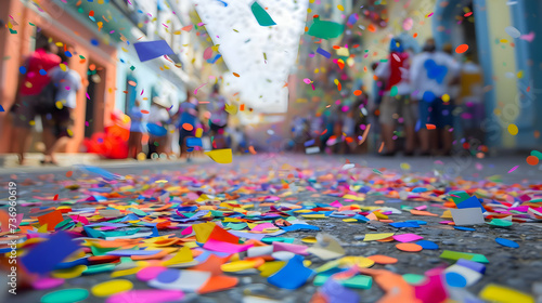 Colorful confetti fallen on the street with blurred people background. Street cinematic photo. High quality