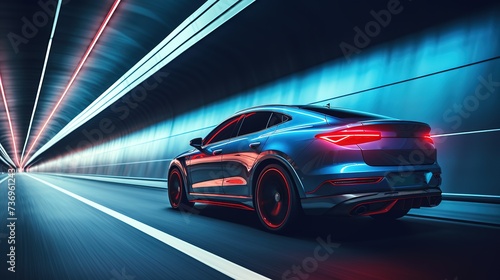 A luxury sports electric car drives through a lighted tunnel