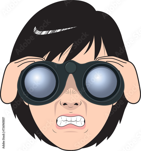 双眼鏡を覗いて悔しがる女性