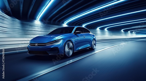 A luxury sports electric car drives through a lighted tunnel