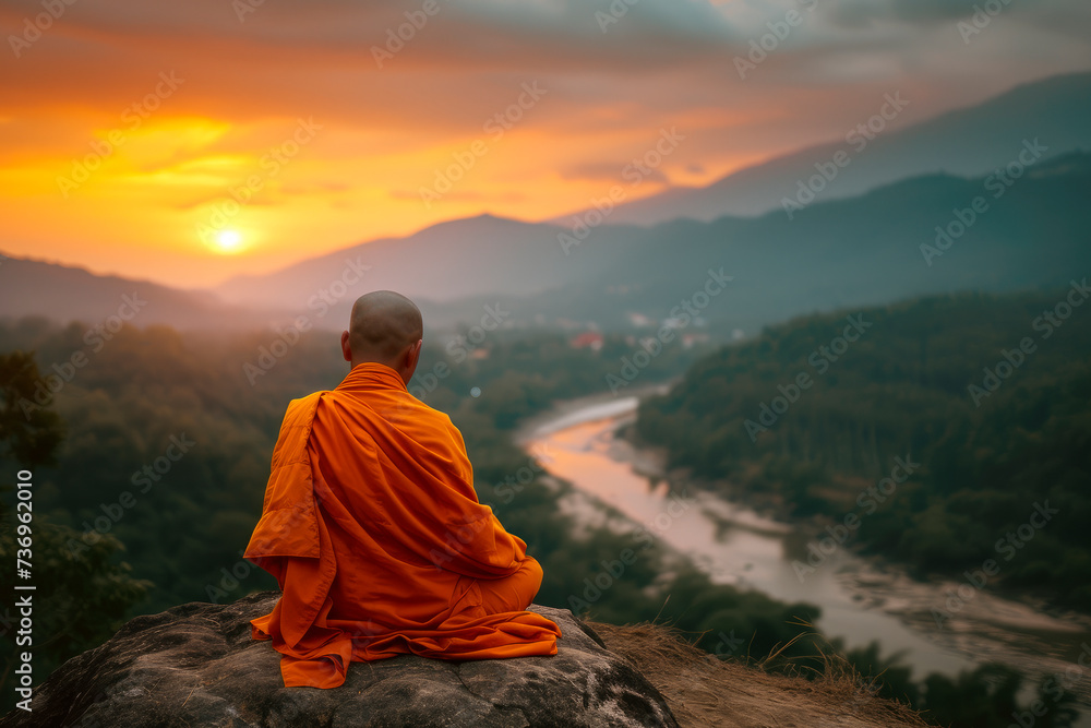 Buddhist monk in meditation on high mountain at beautiful sunset