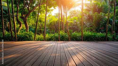 Empty wooden terrace.Wood plank floor with rainforest background.