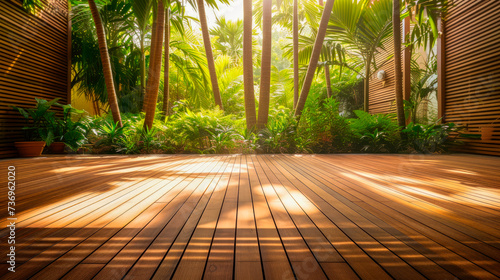 Empty wooden deck against lush trees and plants growing in resort backyard.