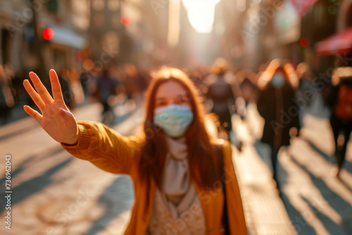 Young woman wearing medical face mask showing gesture Stop - keep social distance. Epidemic outbreak prevention.