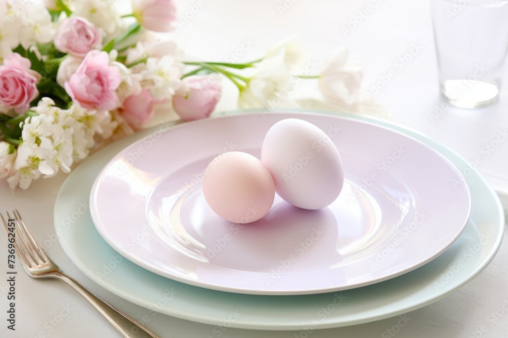 A simple and elegant Easter brunch table setting with pastel-colored plates, fresh flowers, and decorated eggs, against a clean, white background, suitable for Easter promotions or invitations A simple and elegant Easter brunch table setting with pastel-colored plates, fresh flowers, and decorated eggs, against a clean, white background, suitable for Easter promotions or invitations