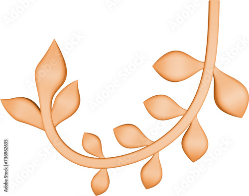 3D illustration of filigree floral ornament with leaves on transparent background