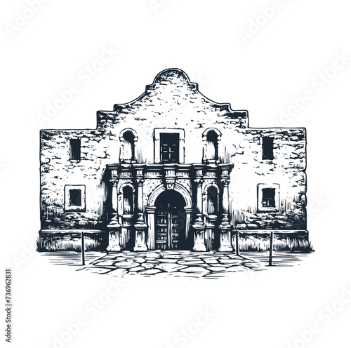 Old building of The Alamo, Texas. Rough sketch. Vector illustration. photo