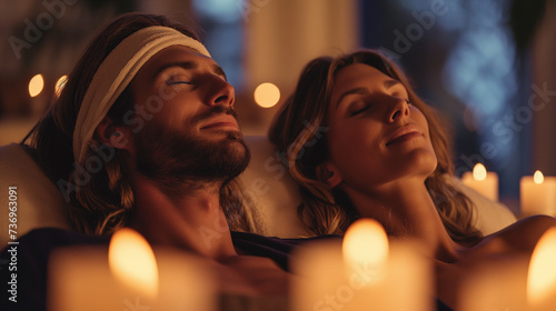 Man and Woman Laying on Couch in Front of Candles
