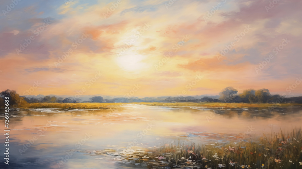 background of river painting with clouds by the horizon background of river painting with clouds by the horizon