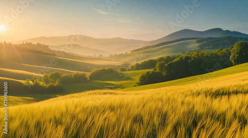 Beautiful Landscape with Golden Wheat Field, Green and Yellow Crop Fields, Rolling Hills, Mountaintop Hues, Warm Sunlight, Clear Sky - Stunning Rural Scenery Using Natural Morning or Afternoon Light