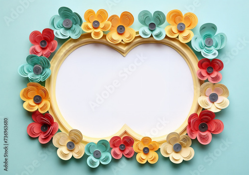 a picture frame made out of paper flowers and a heart shaped frame with a white background and a gold frame, generative ai